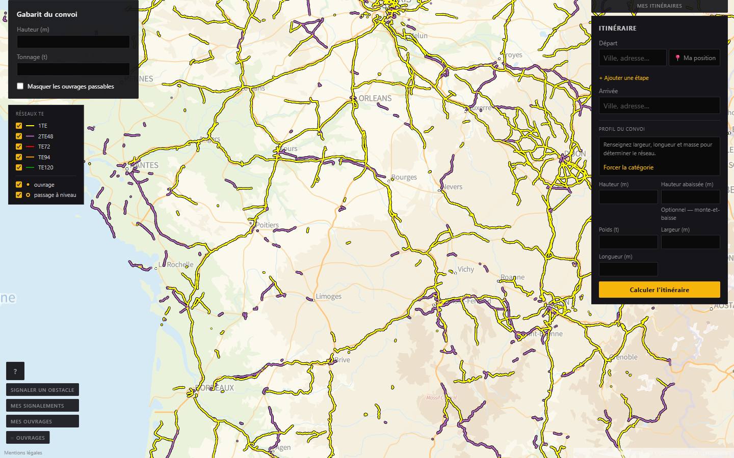 The ConvoisOnline application: map of the official TE networks and route form