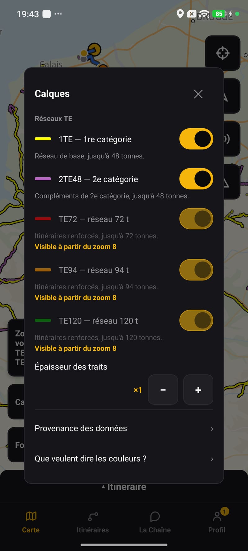 Schermata dell'applicazione Android: pannello Livelli, reti TE per categoria e spessore delle linee