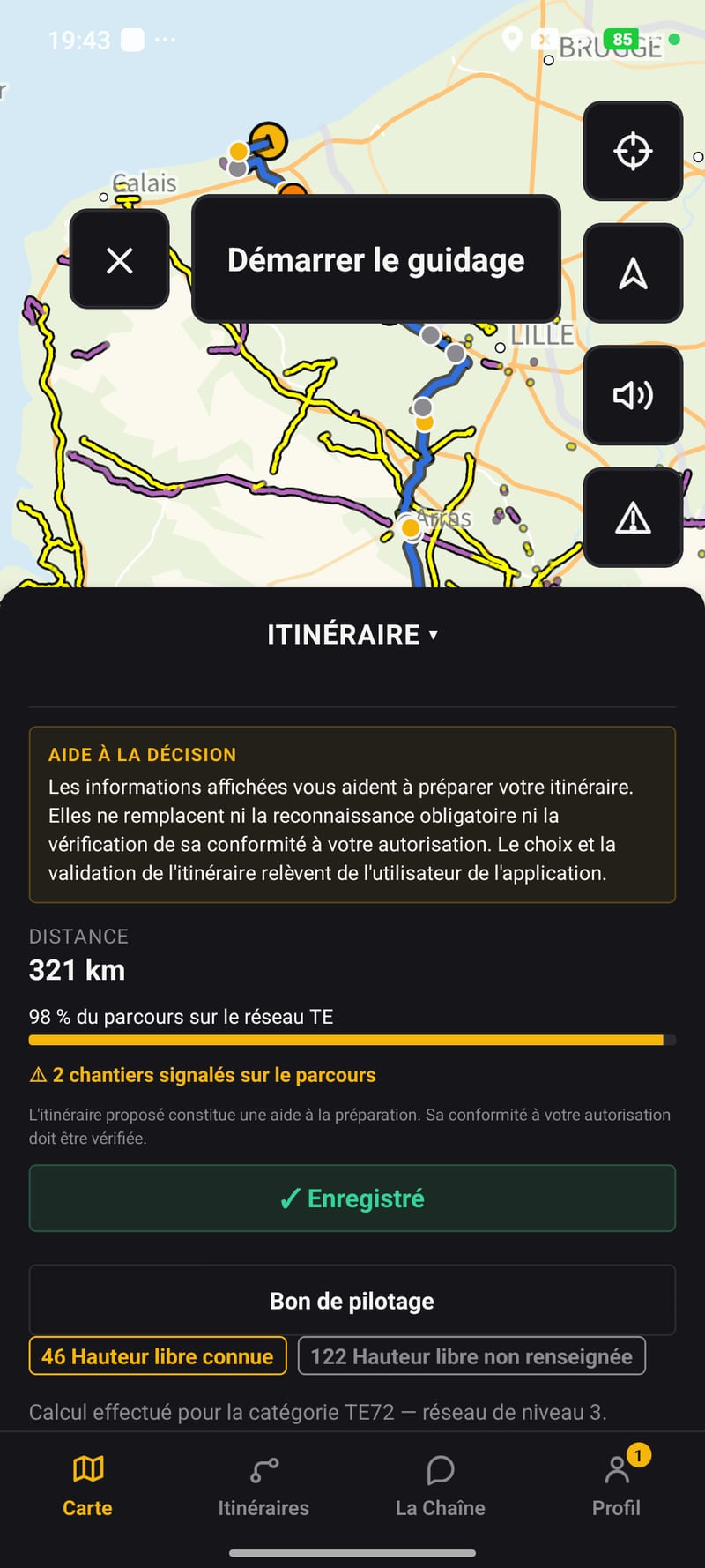 Schermata dell'applicazione Android: itinerario calcolato sulla rete TE, distanza, quota del percorso sulla rete e pulsante Avvia la navigazione