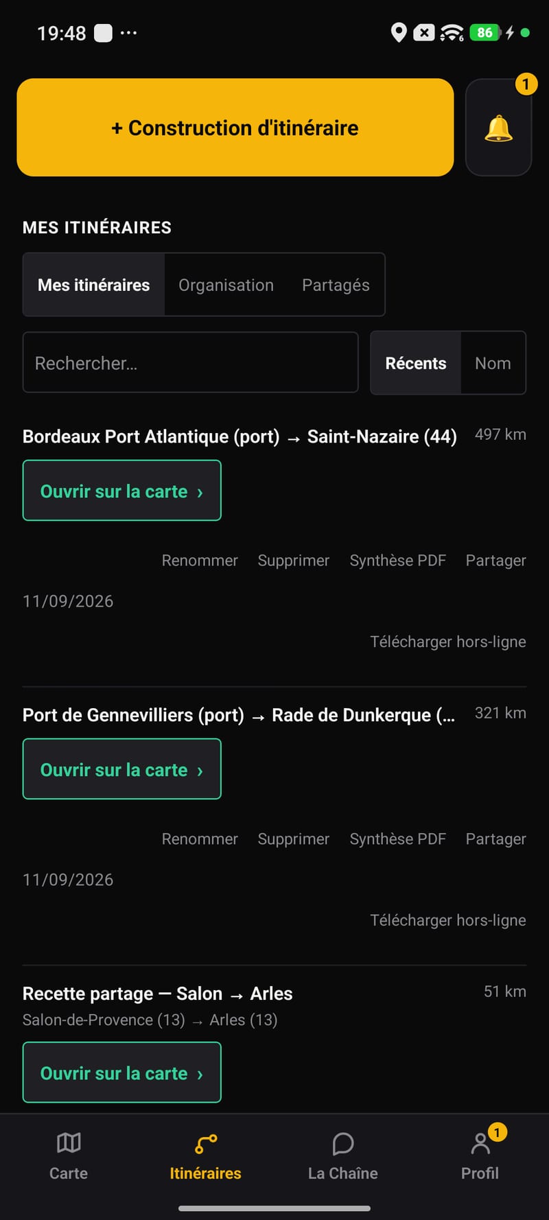 Schermata dell'applicazione Android: I miei itinerari, ricerca e ordinamento, sintesi PDF, condivisione e download offline
