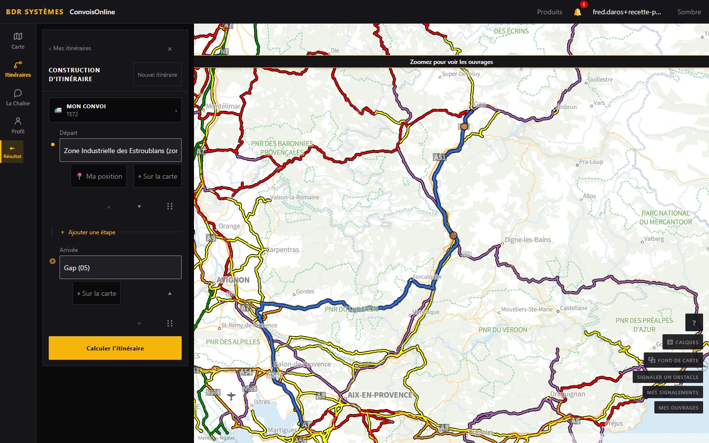 Panel de construcción del itinerario Vitrolles → Gap: salida, llegada, etapas y categoría de red TE72