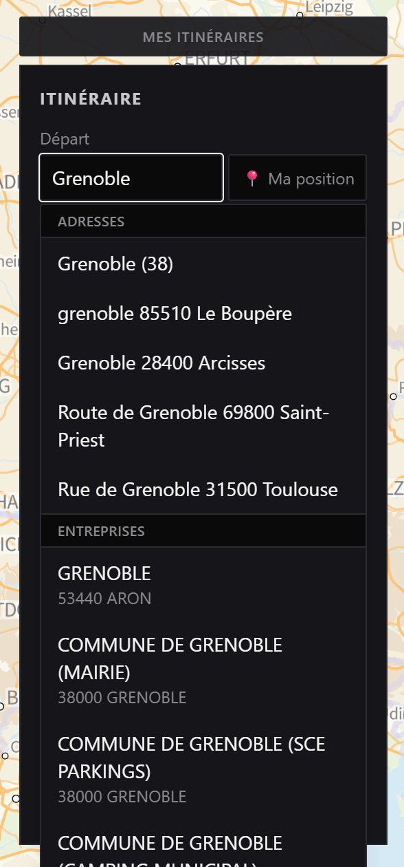 Departure field with My position button and address suggestions