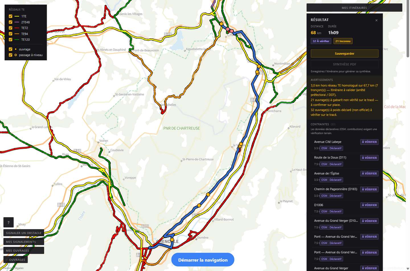 Route constraint checking panel, with characteristics and sources displayed