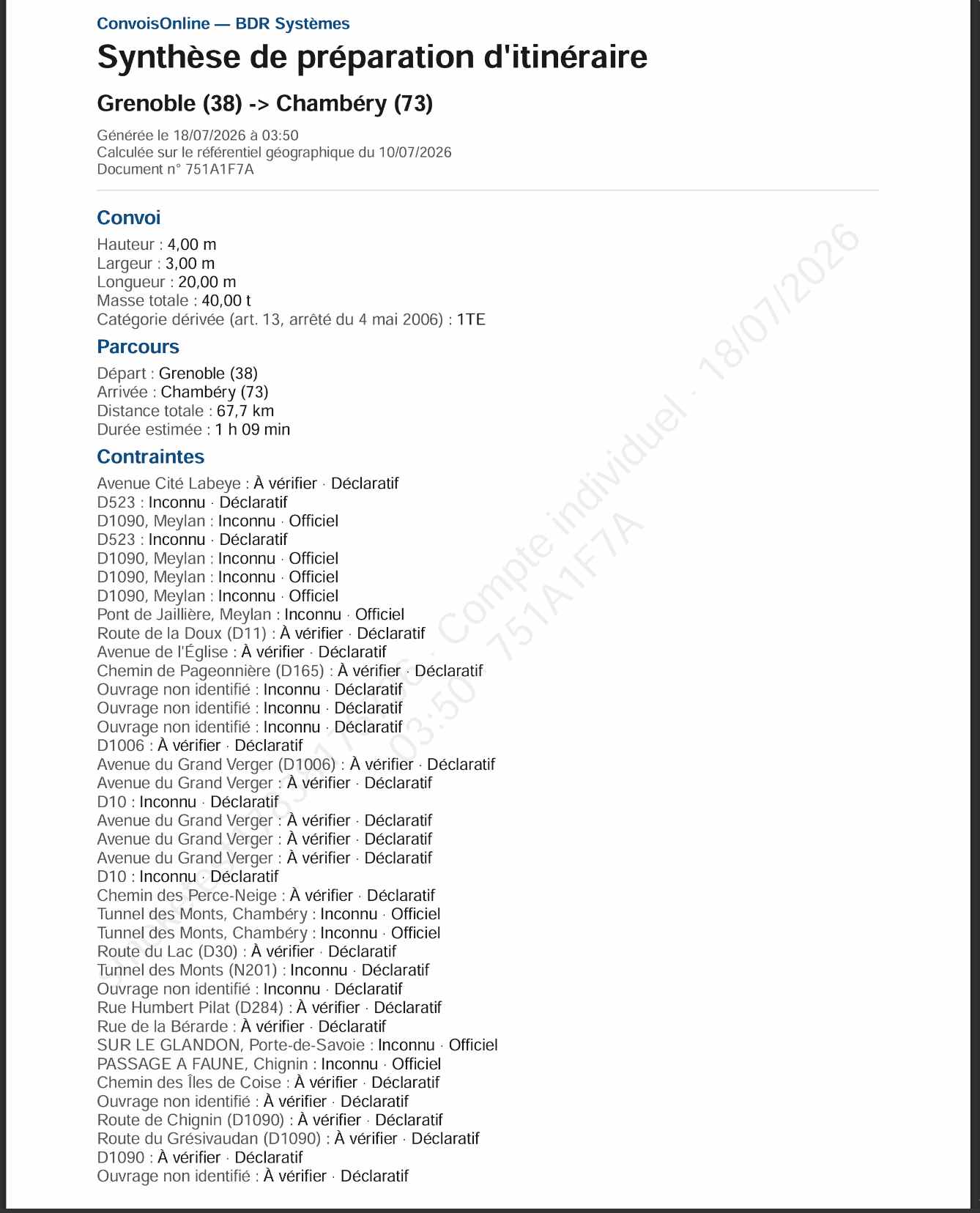 First page of a watermarked route-preparation PDF summary